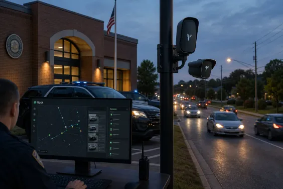 An editorial illustration of a police surveillance dashboard showing vehicle-location searches beside roadside licence-plate cameras outside a Georgia police station.