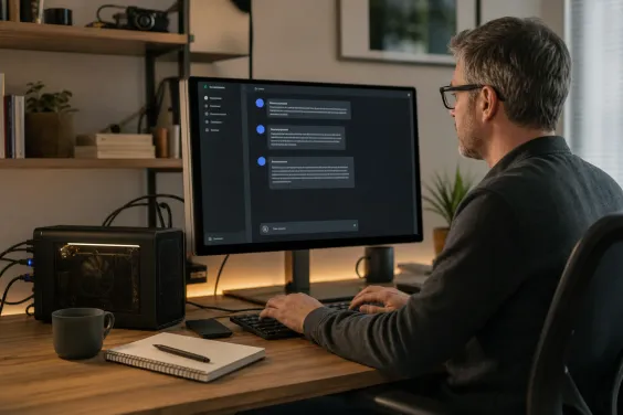 A person using a desktop computer with a local AI chat interface while a compact workstation and external graphics card sit on the desk.