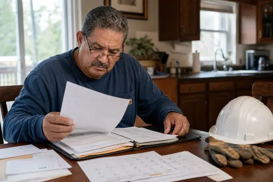 A union construction worker reviewing health insurance documents beside a hard hat and calendar at a kitchen table.