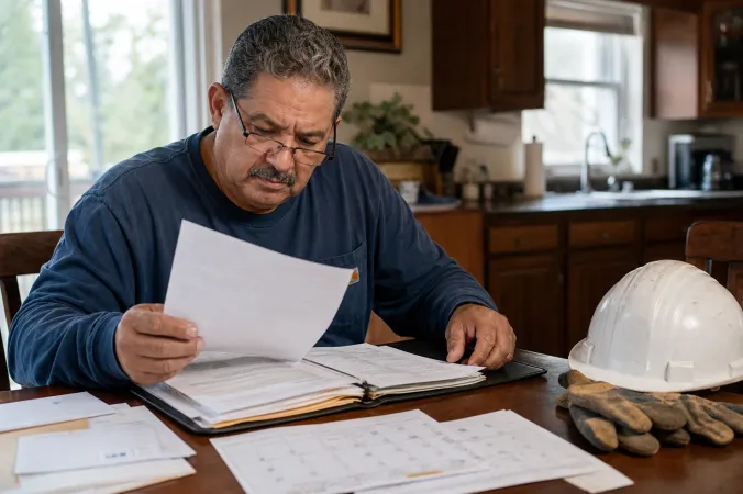 A union construction worker reviewing health insurance documents beside a hard hat and calendar at a kitchen table.