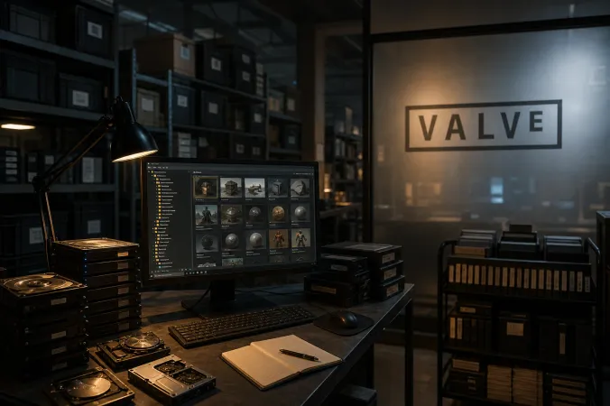 An editorial illustration of a dim archive room with server drives, a monitor showing abstract game-development file structures, and the Valve logo on a wall display.