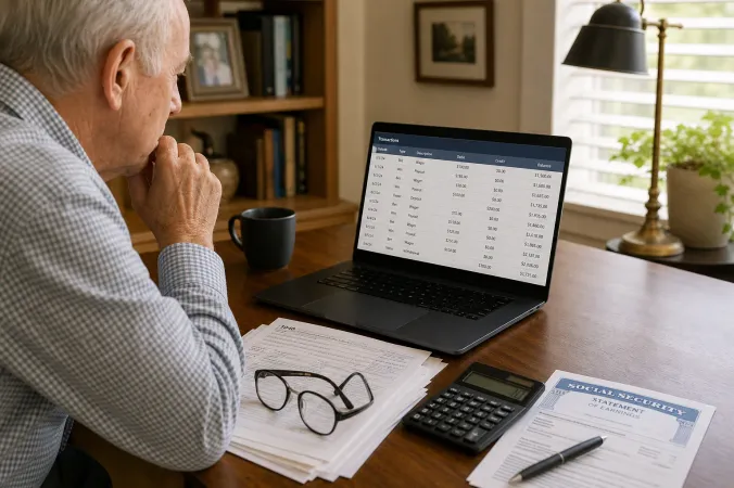 A retiree reviewing online betting records, a tax return and a calculator at a home desk.
