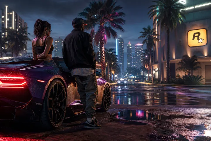 A cinematic nighttime street in a fictional Florida-inspired city, with two characters beside a sports car and the Rockstar Games logo on a nearby studio sign.